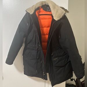 Abercrombie & Fitch black parka Sherpa collar faux fur trim orange lining size M